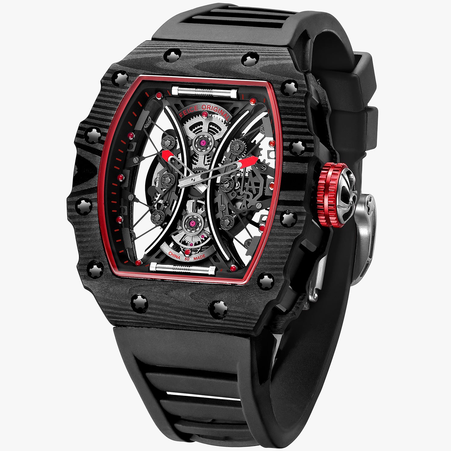 Feice Obsidian FM602 Automatic Skeleton Watch - Carbon Fiber Tonneau Case