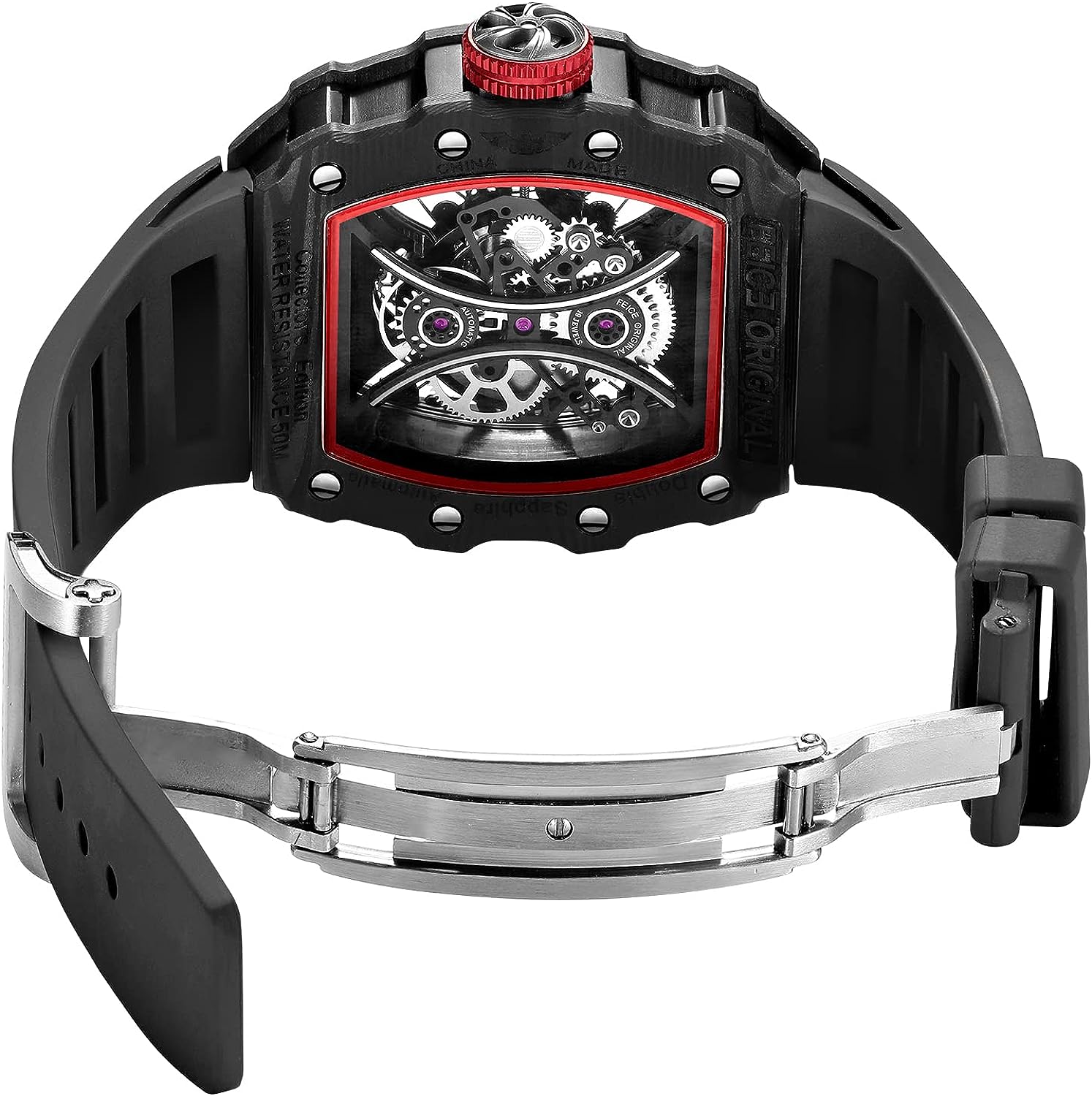 Feice Obsidian FM602 Automatic Skeleton Watch - Carbon Fiber Tonneau Case