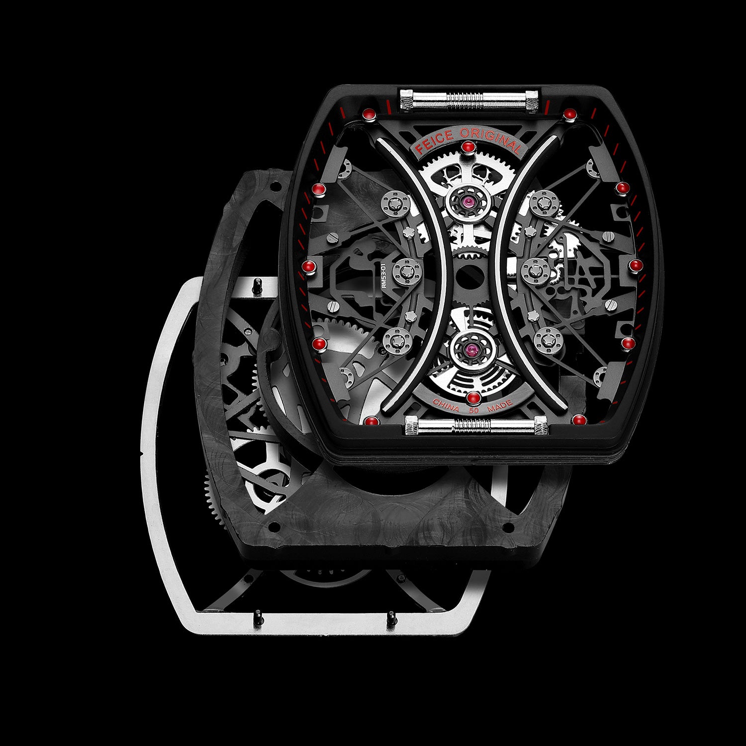 Feice Obsidian FM602 Automatic Skeleton Watch - Carbon Fiber Tonneau Case