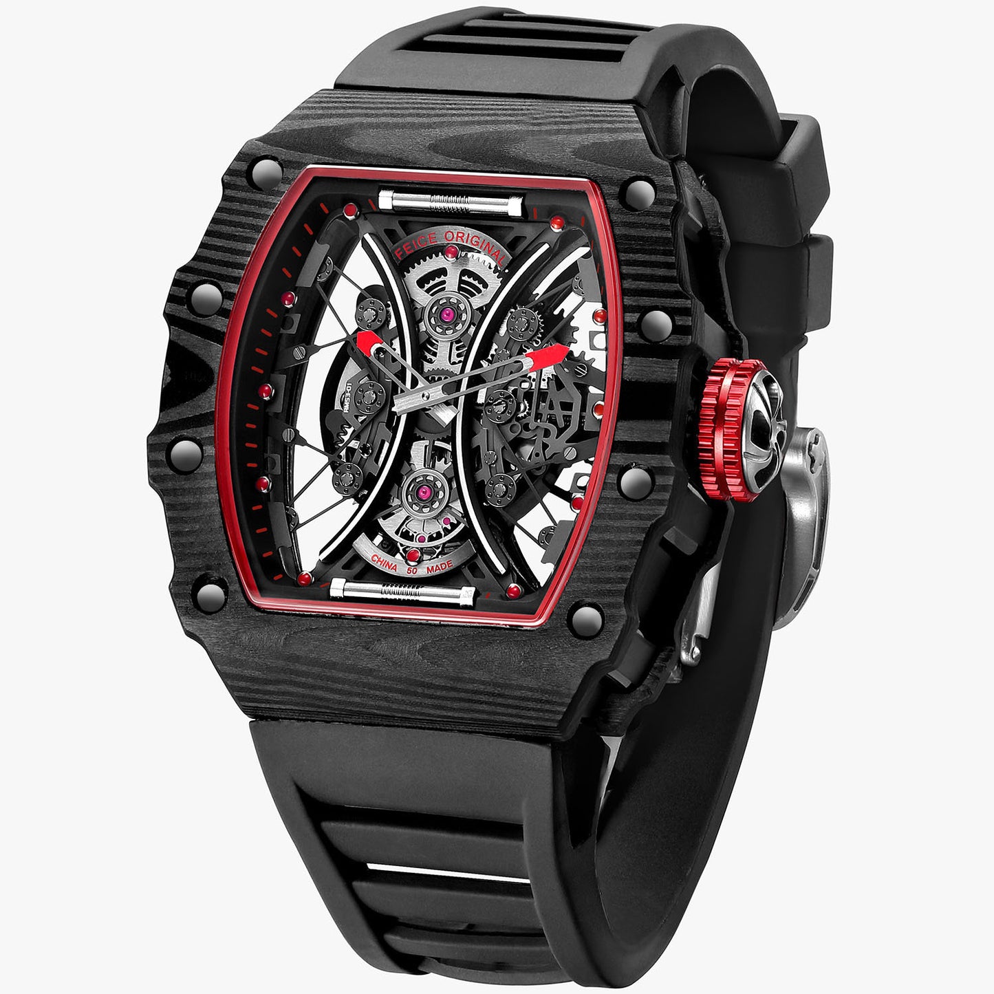 Feice Obsidian FM602 Automatic Skeleton Watch - Carbon Fiber Tonneau Case